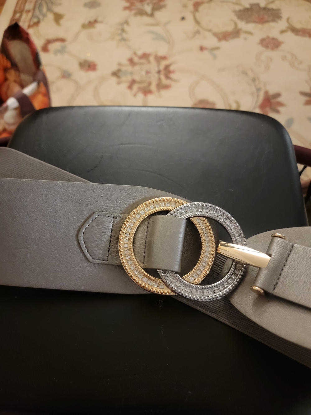 Macys INC Wide Gray Women's Waist Belt with Gold & Silver Crystal Rings Size 2X